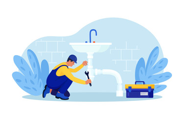Repairman in uniform repairs ceramic sink, plumbing pipes with tool. Professional worker with wrench. Home masters, handyman fixing broken home plumbing. Electrician, plumber call. Repair service