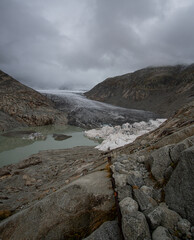 Rhone glacier and lake in the Swiss alps on a cloudy day in autumn