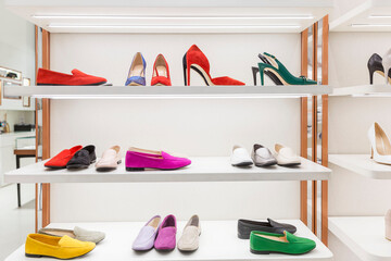Elegant women's shoes on the shelves in a boutique. Shoes, boots and boots. Fashion & Style. Front...