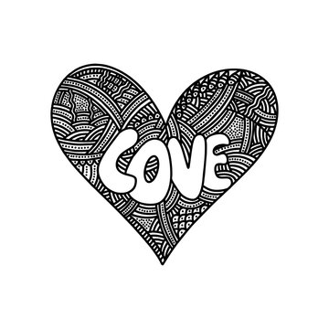 Doodle style illustration. The inscription LOVE inside the heart.