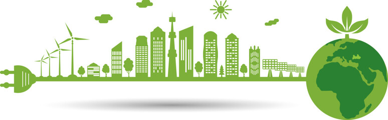 Silhouette of green city. Electrical cable with plug is connecting to planet earth. Environment conservation. Think green. Vector illustration.