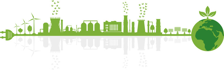 Environmentally friendly factory with mirror reflection. Electrical cable with plug, planet earth. Environment conservation. Sustainable development. Vector illustration.