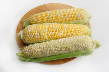 close-up of corn on a white background. corn on the cob on a wooden board