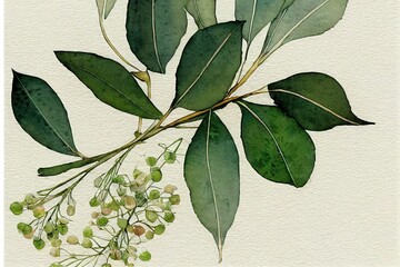 Watercolor floral card of eucalyptus branches, leaves and seeds. Hand painted silver dollar eucalyptus bouquet isolated on white background. Illustration for design, print, fabric or background.