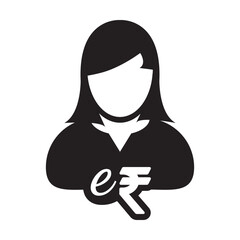 Female Person e-RUPI Indian e-rupee digital currency user symbol for transations in a glyph pictogram illustration