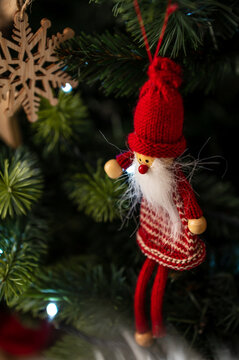 Christmas tree decoration - red elf, or Santa Claus, with christmas tree, Merry Christmas, spaceship, bokeh, 