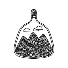 Doodle style illustration. Mountains inside the bottle, hand-drawn.