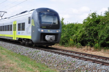Fototapeta na wymiar Eisenbahnschienen mit Triebwagenzug auf eingelsiger Strecke im Sommer 