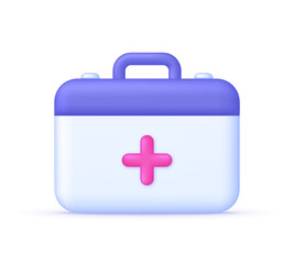 3D First aid kit illustration. Medical help suitcase, ambulance emergency box. Medical equipment for emergency.