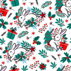 Happy new year 2023 year of rabbit. Merry Christmas pattern. Design, wallpaper, textiles, packaging, seamless print