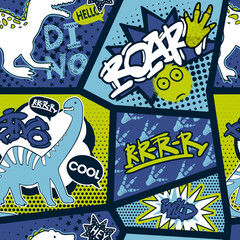 Fashion abstract seamless pattern with dinosaur. Patch, stickers, dots and words. Cool background on comics style for little boy  © artlavi_design