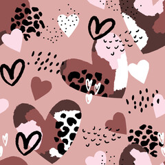 Abstract seamless chaotic leopard print with hearts elements. Grunge texture background. Wallpaper for girls. Fashion style pattern © artlavi_design