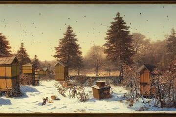 Bee hives in the garden in winter