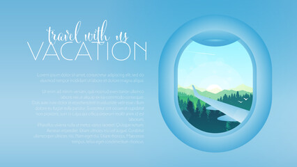 View from airplane. Flight window. Vacation destinations. Adventure. Travel concept of discovering, exploring. Design template with aircraft porthole and mountains landscape in it. Vector illustration