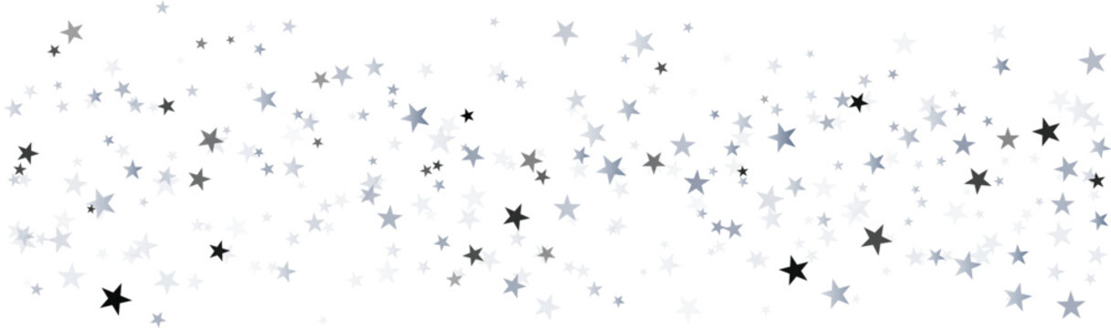 Silver stars vector background, sparkling Christmas confetti falling isolated on white. magic shining flying stars glitter backdrop, sparkle border