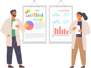 Search for solutions, scientific analysis concept. Woman looking at statistical chart. Scientist works with data analytics and research of statistics. Person with magnifying glass analyzes diagram