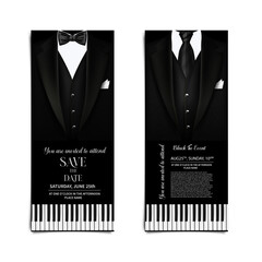 Invitation, flyer for a concert with an inscription in black and white. Illustration with vintage male suit with tie and piano keys.