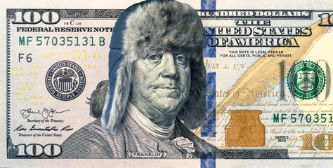 Energy crisis and money, 100 dollar bill with winter hat, president feeling cold