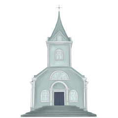 Church building.Hand drawn sophisticated architecture of watercolor white church isolated on transparent background. Design for wedding map creator. Religion concept.