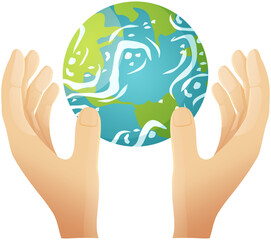 Save planet. Hands holding globe, earth. Earth day concept for poster. Globe between human hands. Planet with world ocean and continents. Symbol of caring for nature, environment and ecology