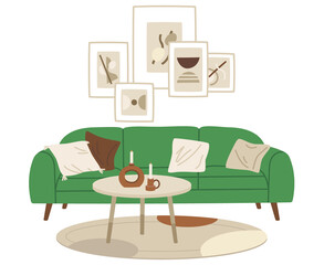 Cozy living room flat furniture and minimalistic decoration png illustration