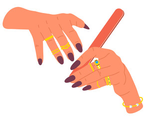 Cartoon female manicured hands, fingers with cute manicure and golden jewelry png illustration