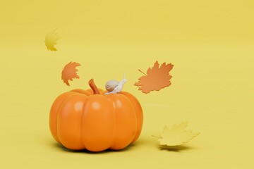not soon before Halloween. a snail sitting on a pumpkin around which leaves scatter on a yellow background. 3D render