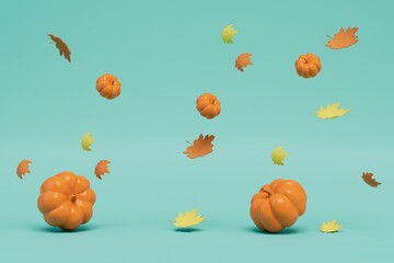 Naklejka na ściany i meble pumpkin season. pumpkins and leaves flying on a turquoise background. 3D render