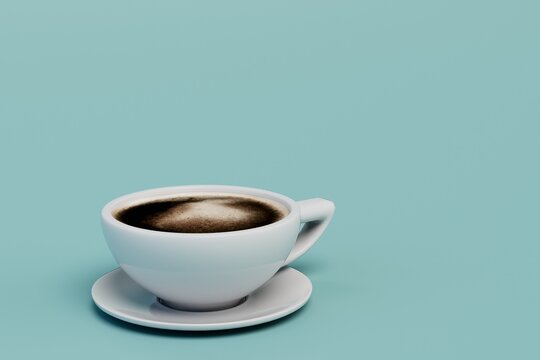 a cup of coffee on a turquoise background. copy paste, copy space. 3D render