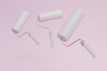 rollers for painting walls with white paint on a pastel background. 3D render