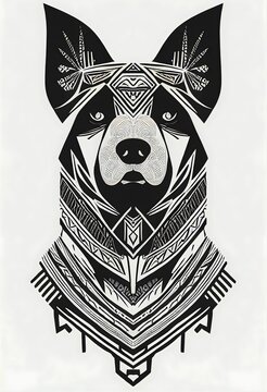 Vertical digital illustration of pop art of a dog in black and white colors