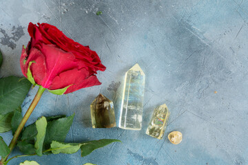 Healing crystals on brown background