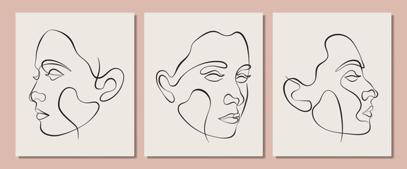 Set of vector posters with illustration of women’s line art face. Modern one line drawings with pastel colors. Sisterhood and Feminism. Illustrations for web and print.