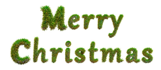 Merry Christmas lettering from the branches of Christmas tree, transparent background. 3D Render. Text 