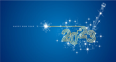 New years eve 2023 compact golden triple line design white sparkle firework champagne open new year eve blue vector wallpaper greeting card