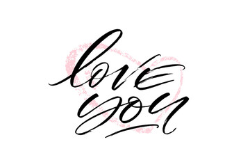 Love you marker hand written lettering on pink color heart shape background. Greeting card design. Vector illustration for stickers, social media posts, posters, banners.
