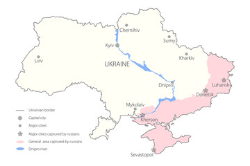 War in Ukraine. Map of current situation of russian military invasion on ukrainian territory. Vector color map.