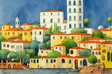 hand drawn watercolor painting of beautiful Mediterranean town. landmark painting with buildings,house,cafe, restaurant,street,trees,stone wall, windows, houseplant,blue water, island and blue sky