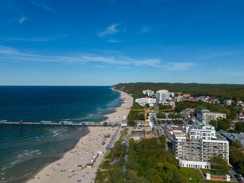 Bird's eye view of the cityscape of Miedzyzdroje in Poland against the Baltic sea