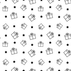 Vector seamless pattern with gift boxes and stars. Black and white line pattern
