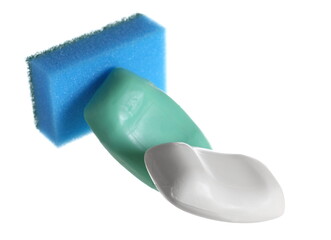 Soap bar white and green and sponge isolated on white 