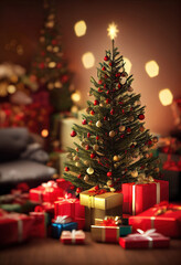 Fototapeta na wymiar Christmas tree with a pile of presents, christmas background wallpaper