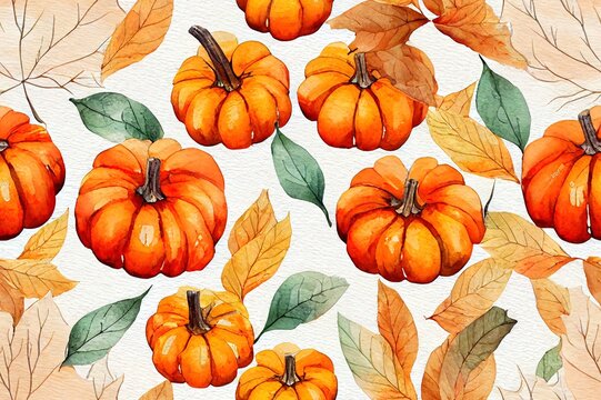 Watercolor fall seamless pattern with white and orange pumpkin arrangement, apples, and autumn leaves on white background. Thanksgiving themed print.