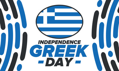 Obraz premium Greek Independence Day. National happy holiday, celebrated annual in March 25. Greece flag. Greek blue color. Patriotic elements. Poster, card, banner and background. Vector illustration