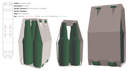 Four bottle holder top handles packaging design template selflock die cut - vector