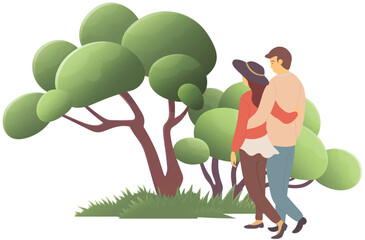 Couple of girl and guy walking in park or countryside, people walk at nature holding hands, woman and man spend leisure time together, outdoors activity, evening view with mountaine landscape