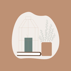 Decor set in beige color from a vase, books,  growths, candles against a spot