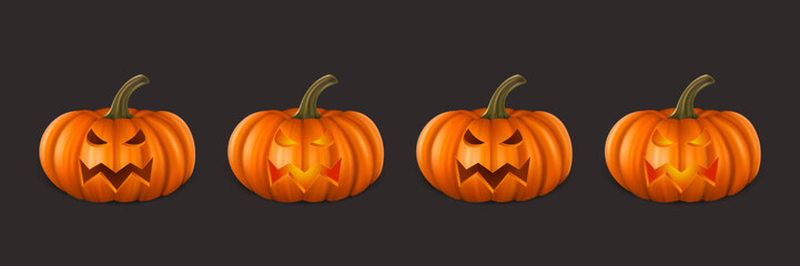 Vector Halloween Pumpkin Set. Cute Jack-o-lanterns, Carved Pumpkin Face for Invitations, Cards, Packaging, Wrapping, Banners Design. 3d Realistic Pumpkins