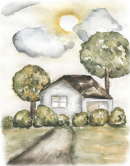 Watercolor country life composition, village illustration, trees with clouds and sun. Card invitation design