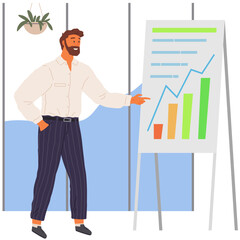 Businessman financier making financial report standing at board with charts. Financial income growth. Investment analysis money profits. Investor successful employee making investing plan presentation